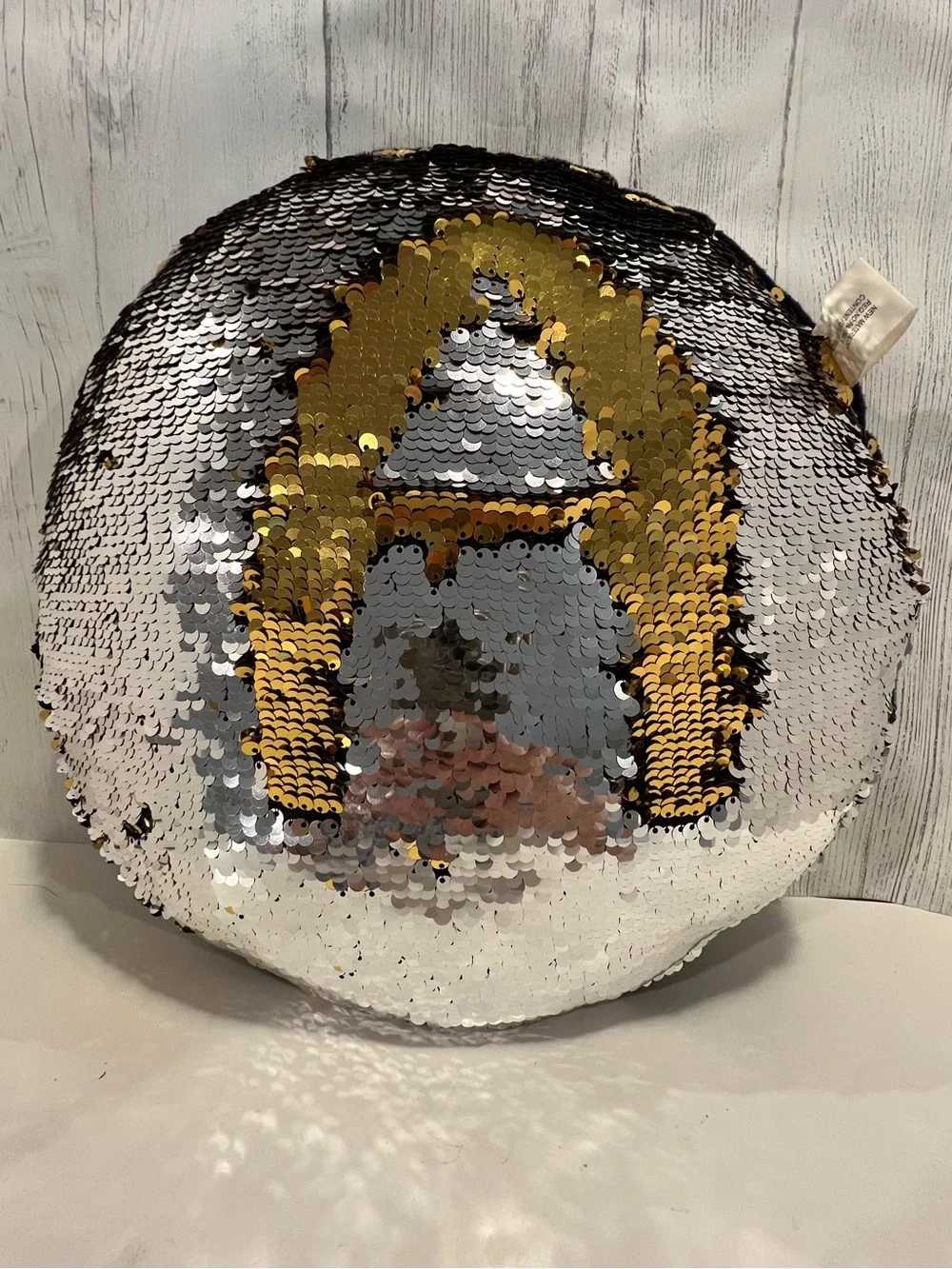 Round Reversible Sequin Pillow - Sequins turn from Silver to Gold , Black Under